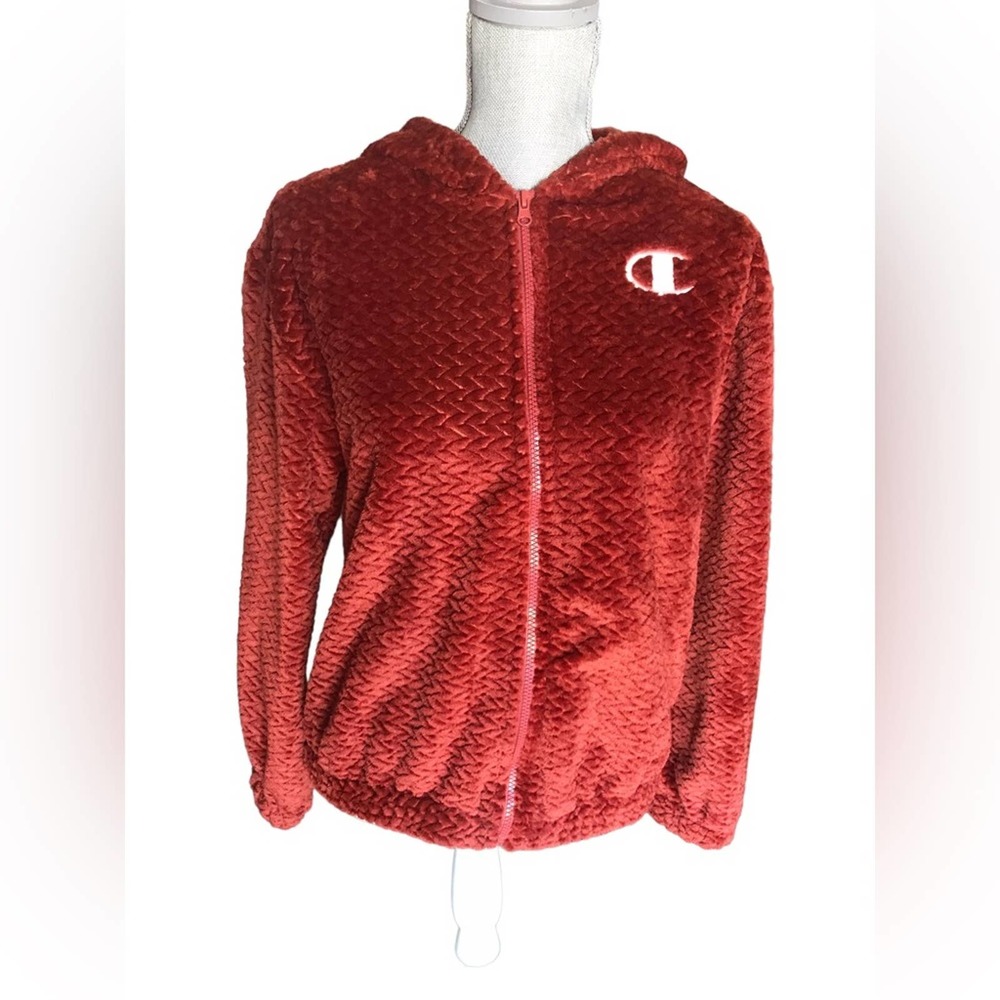 Champion Plush Zip-Up Hoodie in Deep Red with White Logo